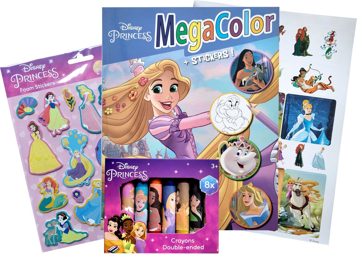 Disney Princess - Kleurboek - prinsessen - 130 kleurplaten en 25 stickers - met 8 waskrijtjes - vel met 22 foamstickers - Megacolor - Rapunzel - knutselen - cadeau - kado