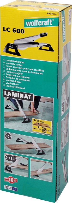 Verpakking van de wolfcraft LC 600 laminaten snijder met productafbeeldingen.