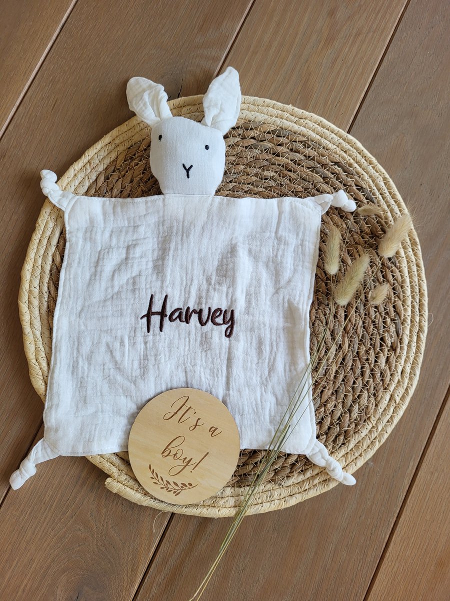 Goedkoopste knuffeldoekje konijn/hydrofiel/mousseline/speendoekje konijn/baby knuffeldoekje met geborduurde naam/gepersonaliseerd