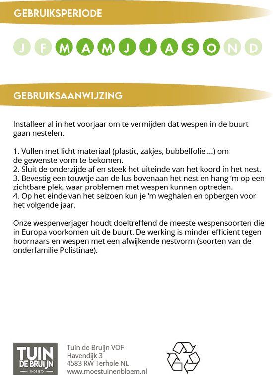 Tuin de Bruijn® Wespenverjager - Waspinator® - wespen verjagen - nep wespennest - natuurlijke bestrijding - geen schadelijke chemicaliën