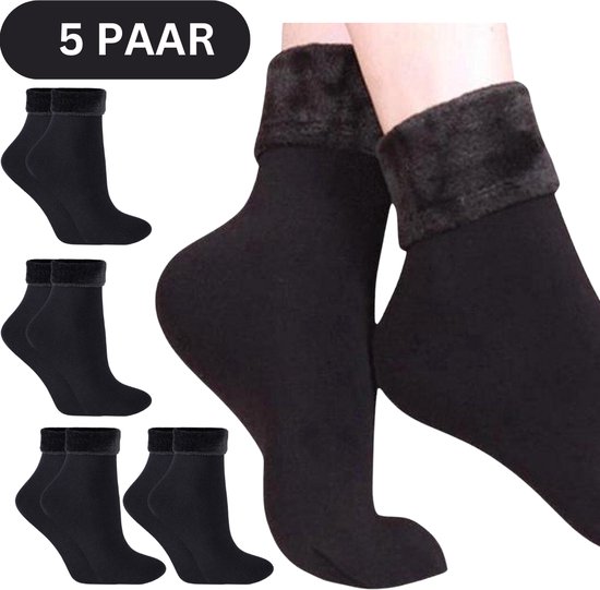 5x Winter thermo sokken maat 36-41 - zwart - plush gevoerde warme dames sokken
