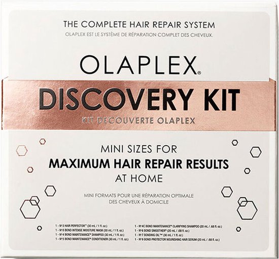 Verpakking van de Olaplex Discovery Kit met een lijst van de 7 mini-producten en de No.7 Bonding Oil.