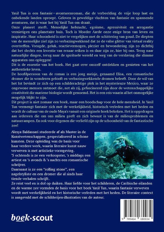 Boek "Yaxil Tun" met een illustratie van een gezicht en een schelp, met de tekst "boek-scout".