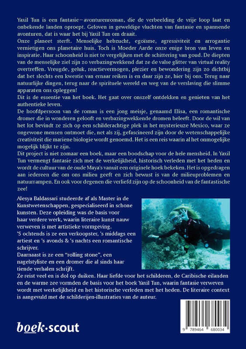 Boek "Yaxil Tun" met een illustratie van een gezicht en een schelp, met de tekst "boek-scout".