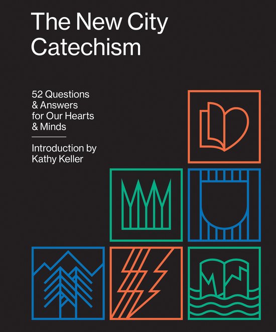 Boek met de titel 'The New City Catechism'. Bevat 52 vragen en antwoorden. Bevat 9 illustraties, waaronder een boek en drie golvende lijnen.