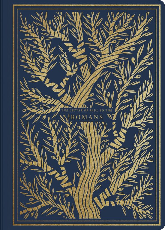 Donkerblauw schrift met gouden boom met tekst 'THE LETTER OF PAUL TO THE ROMANS'.
