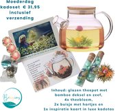 Luxe thee set - Theepot van hoogwaardig borocilicaatglas met filter en bamboe deksel - 800 ml met bloemen en kaart - duurzaam