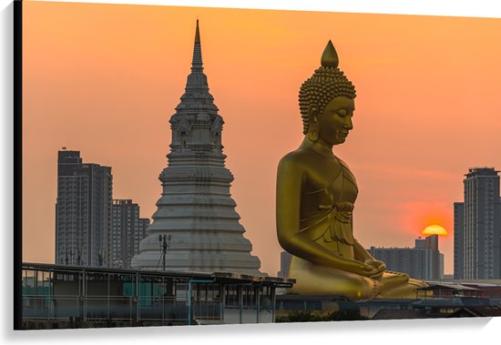 Canvas - Wat Paknam Phasi Charoen Tempel met Mega Goudkleurige Buddha tijdens Zonsondergang in Bangkok, Thailand - 120x80 cm Foto op Canvas Schilderij (Wanddecoratie op Canvas)