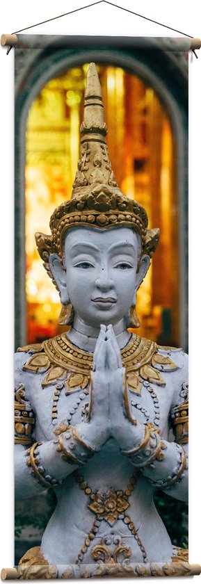 Textielposter - Grijze Boeddha voor Tempel met Gouden Details - 40x120 cm Foto op Textiel