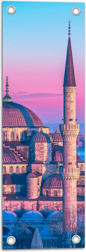 Tuinposter – Sultan Ahmetmoskee in Istanbul met Roze Blauwe Lucht - 20x60 cm Foto op Tuinposter (wanddecoratie voor buiten en binnen)