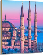Hout - Sultan Ahmetmoskee in Istanbul met Roze Blauwe Lucht - 75x100 cm - 9 mm dik - Foto op Hout (Met Ophangsysteem)