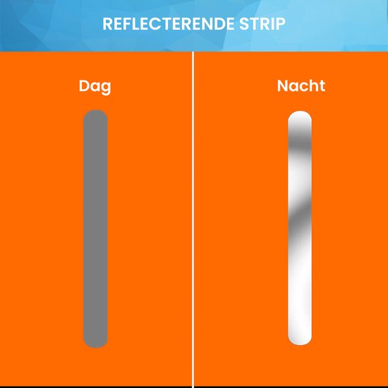 Vergelijking van de reflecterende strip op de oranje hoes, zichtbaar bij daglicht en 's nachts.