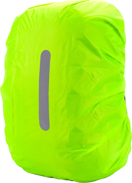 Housse de sac à dos imperméable vert fluo avec bande réfléchissante verticale, isolée sur fond blanc.