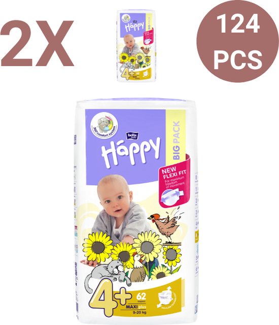 Bella Baby Happy Luiers Maat 4 Maxi Plus 9-20 kg (62 stuks per pak)​, pak  van 2 combo,... | bol.com