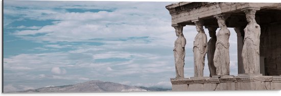 Dibond - Tempel Parthenon en Uitzicht op Berglandschap - 90x30 cm Foto op Aluminium (Met Ophangsysteem)