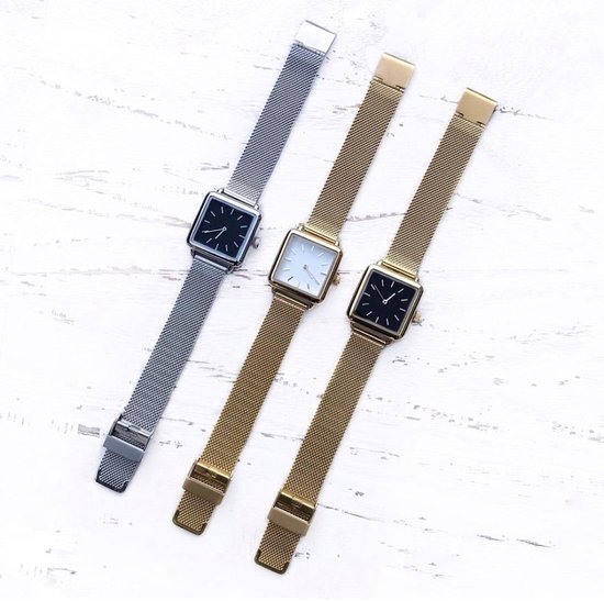 Zilver zwart vierkant horloge Dames Volledig RVS Inclusief Batterij bol