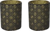 Countryfield Luxe theelichthouder - 2x stuks - Fantasy - glas - zwart/goud - D7 x H8 cm