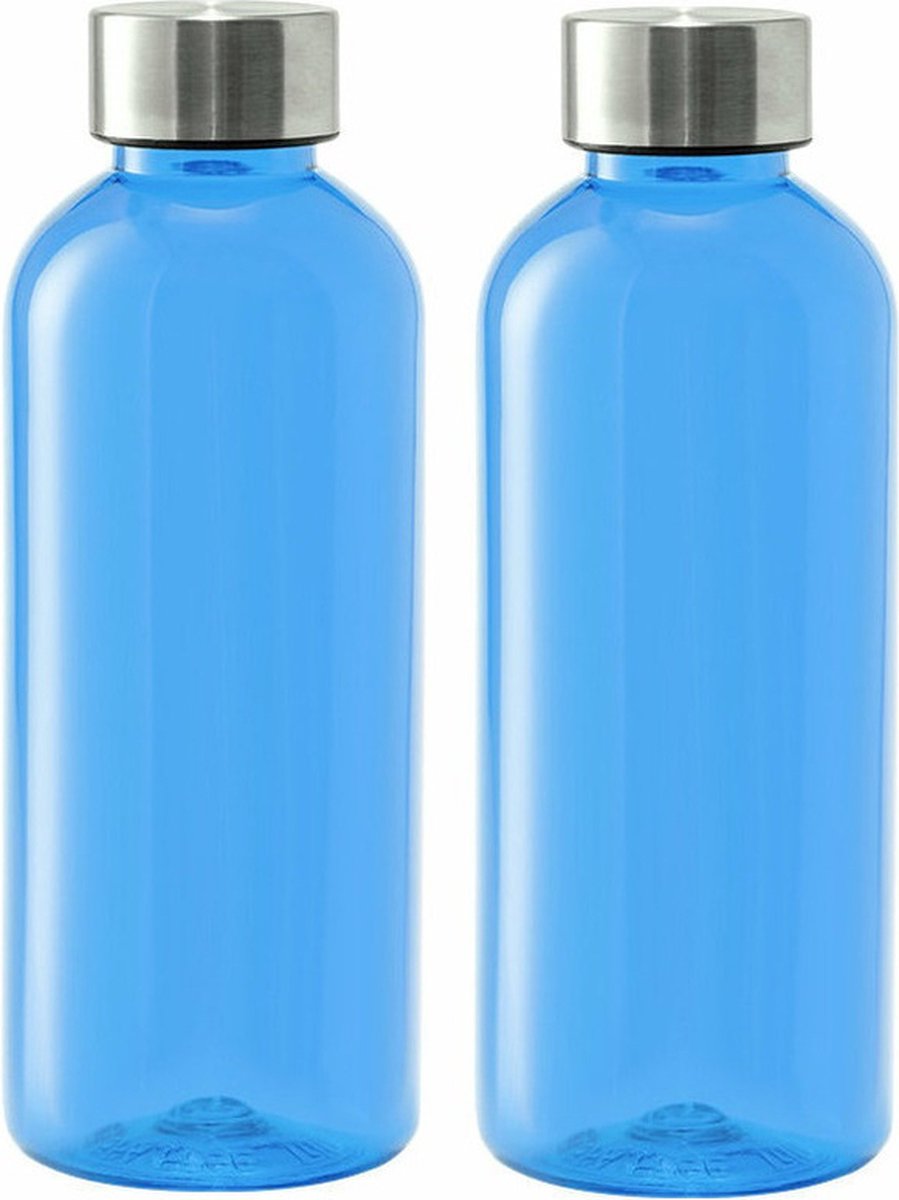 Kunststof waterfles/drinkfles/sportfles - 2x - blauw transparant - met RVS dop - 600 ml