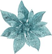 1x stuks decoratie bloemen kerststerren ijsblauw glitter op clip 15 cm - Decoratiebloemen/kerstboomversiering