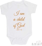 100% katoenen Romper "I am a child of God John 1:12" Unisex Katoen Wit/tan Maat 62/68