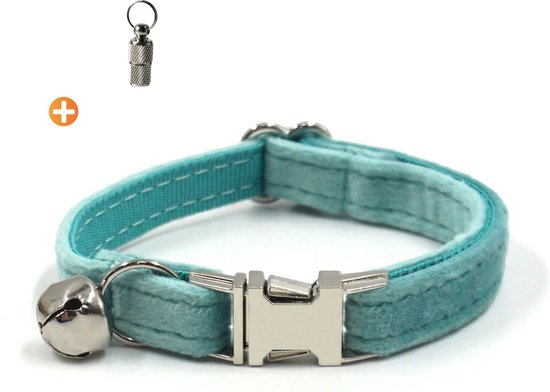 ACE Pets Kattenhalsband met belletje – Halsband Kat & Kitten - Kittenhalsband & Kattenbandje - Kattenbelletje - Pluche velvet - Turquoise
