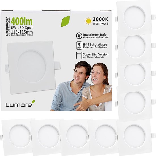 Lumare 9x LED inbouwspot 6W IP44 extra plat 230V ook voor badkamer en natte ruimte wit slechts 26mm inbouwdiepte Slanke plafondspot vierkant met geïntegreerde 400lm LED verlichting [Energieklasse F].