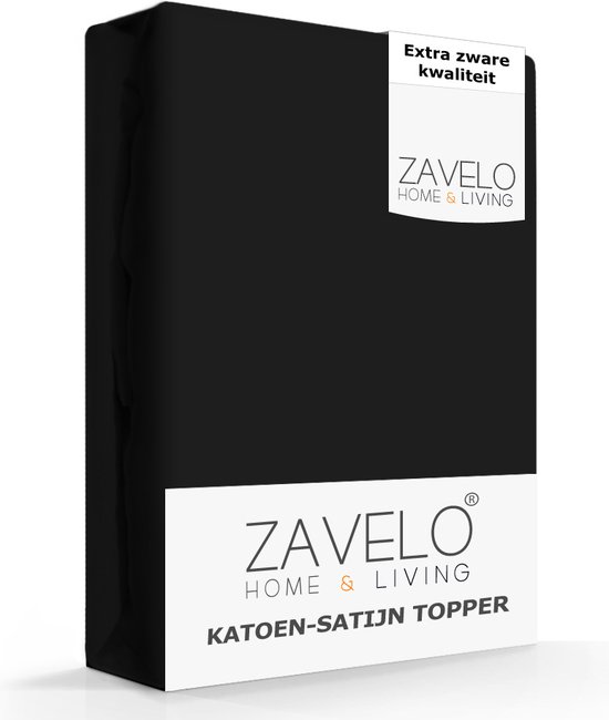 Zavelo Deluxe Katoen-Satijn Topper Hoeslaken Zwart - Lits-jumeaux (160x200 cm) - Heerlijk Zacht - Rondom Elastisch - Perfecte Pasvorm