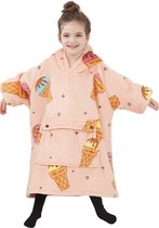 Fleece kinder poncho - plaid met mouwen en capuchon voor kinderen - oversized hoodie kind - fleece deken met mouwen – hoodie plaid voor kinderen - hoodie blanket - TV deken – zacht & warm - maat 116 t/m 134 - ijsjes