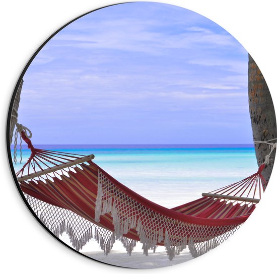 WallClassics - Cercle mural Dibond - Hamac Ibiza rouge sur plage tropicale - Photo 20x20 cm sur cercle mural aluminium (avec système d'accrochage)