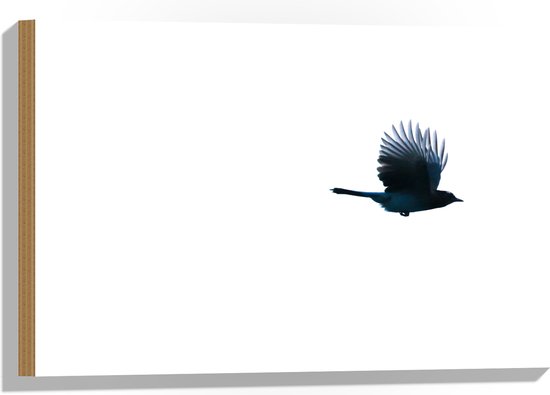 WallClassics - Hout - Zwarte Vogel op Witte Achtergrond - 60x40 cm - 9 mm dik - Foto op Hout (Met Ophangsysteem)