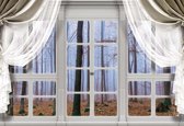 Fotobehang - Vlies Behang - 3D Uitzicht op het Mistige Bos door het Raam - 254 x 184 cm