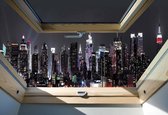 Fotobehang - Vlies Behang - 3D Uitzicht op Stad in de Nacht vanuit het Dakraam - 254 x 184 cm