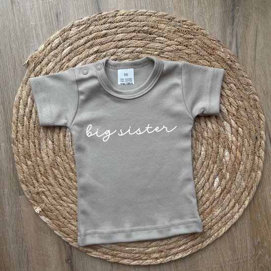 Baby t-shirt korte mouw - big sister - Beige - Maat 92 - Zwanger - Geboorte - Big sister - Aankondiging - Zwangerschapsaankondiging - Peuter - Dreumes