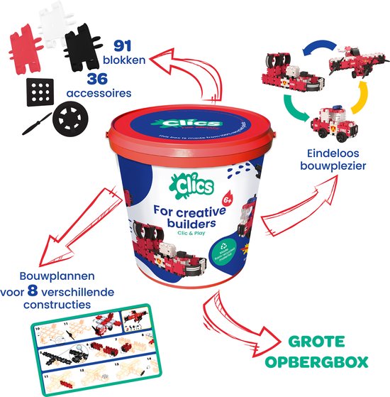 Clics Brandweer 8-in-1 bouwblokken– DUURZAAM SPEELGOED gemaakt van GERECYCLEERDE kunststof- bouwset 8 in 1 - speelgoed 4,5,6,7,8 jaar jongens en meisjes- educatief speelgoed- Montessori speelgoed- constructie speelgoed