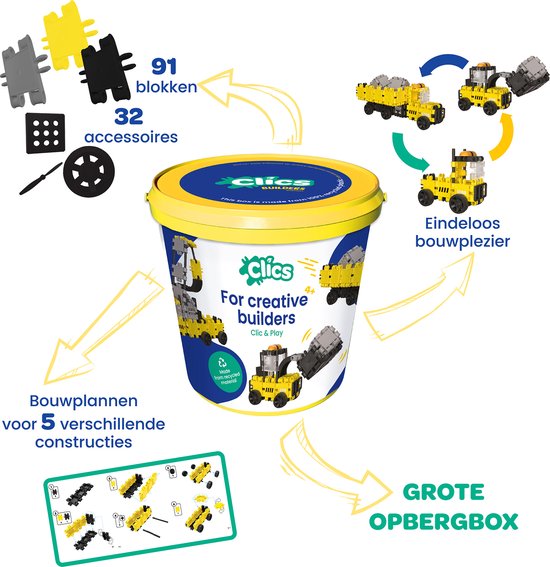 Clics Builders 5-in-1 bouwblokken– DUURZAAM SPEELGOED gemaakt van GERECYCLEERDE kunststof- bouwset 5 in 1 - speelgoed 4,5,6,7,8 jaar jongens en meisjes- educatief speelgoed- Montessori speelgoed- constructie speelgoed