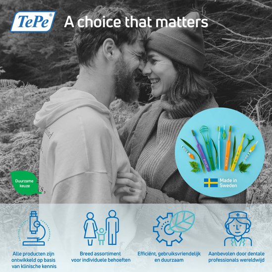 Een verliefd stel in een bos, met een cirkel die mondhygiëneproducten en de tekst 'Made in Sweden' toont.