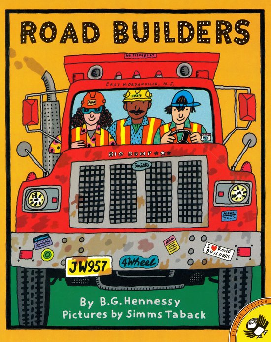 Couverture de livre : "ROAD BUILDERS" avec un camion rouge transportant trois personnes. "I ROAD BUILDERS" est écrit en bas à droite.