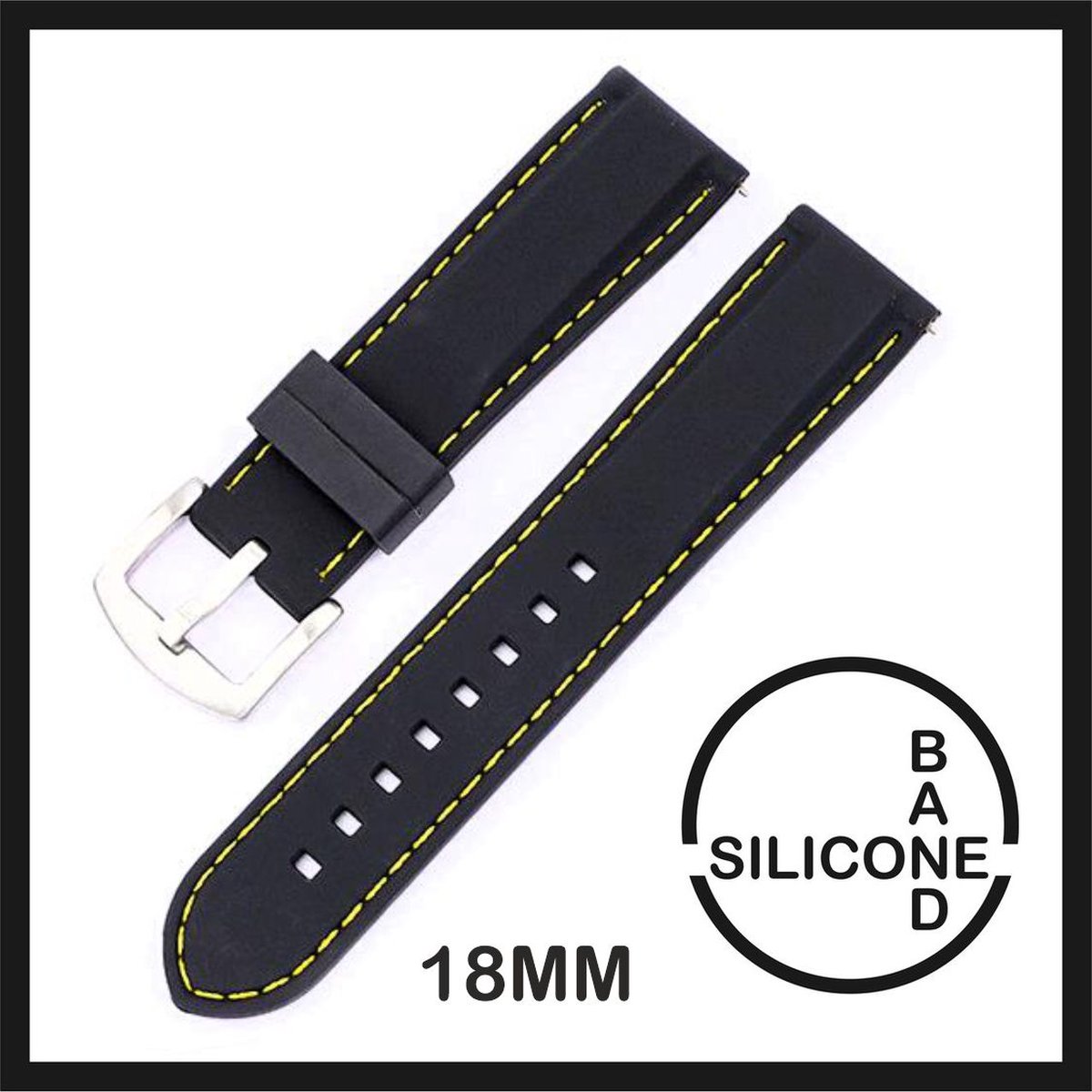 18mm Rubber Siliconen horlogeband zwart met gele stiksels passend op o.a Casio Seiko Citizen en alle andere merken - 18 mm Bandje - Horlogebandje horlogeband