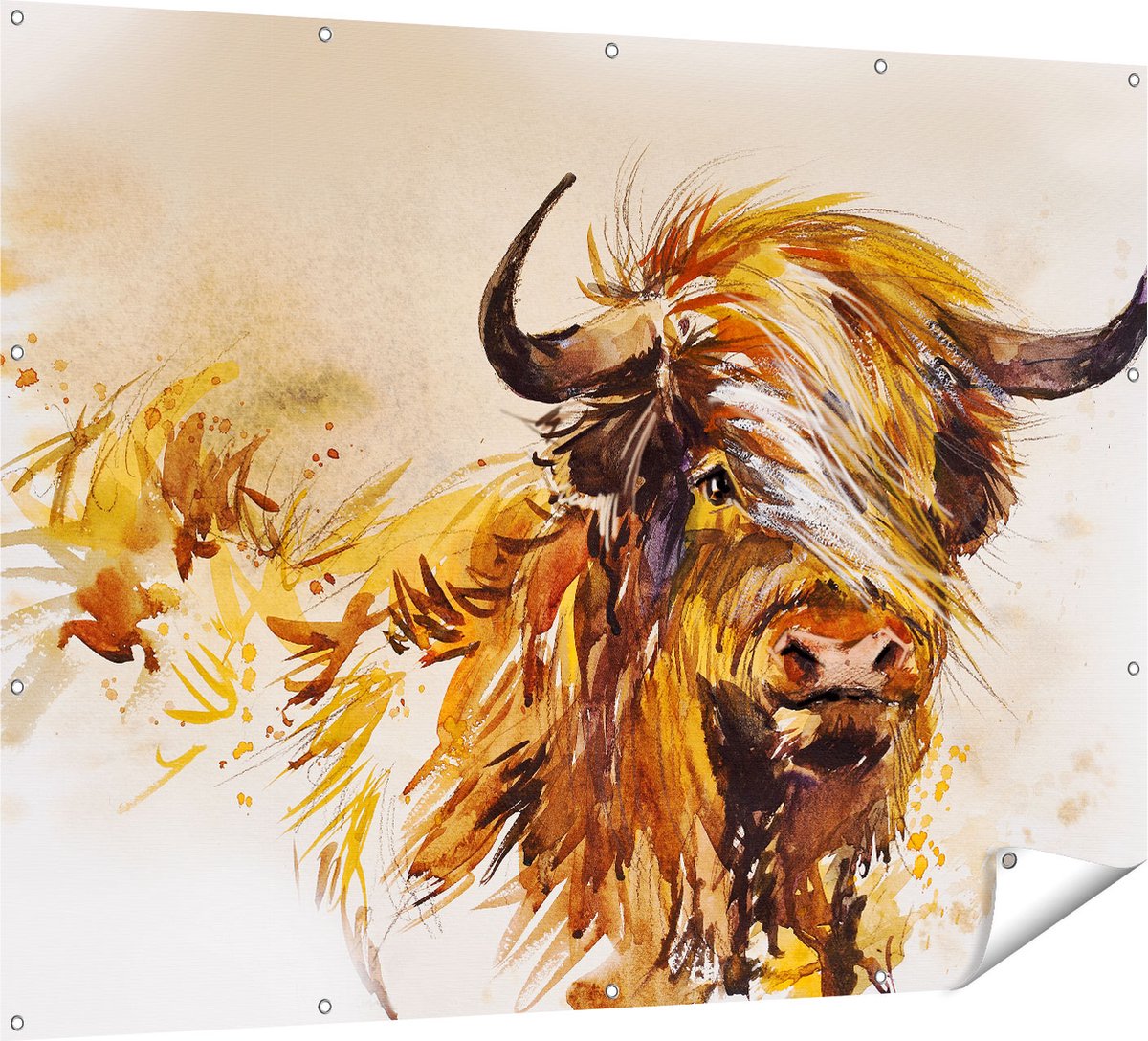 Gards Tuinposter Schotse Hooglander Koe - Abstract - 160x120 cm - Tuindoek - Tuindecoratie - Wanddecoratie buiten - Tuinschilderij Multikleur