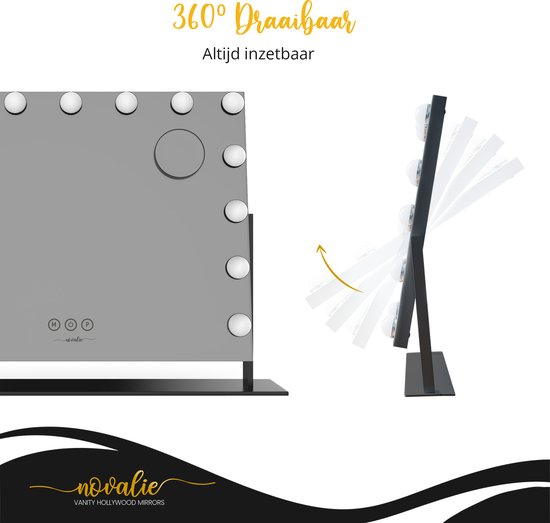 Novalie Grote Hollywood Spiegel met Verlichting - 65 cm x 50 cm - Make Up Spiegel met Led Lampen – Visagie – Dimbaar / 3 Lichtstanden – Voor hem / haar cadeau – 10x Vergroting – Met Tru-Daylight verlichting – Zwart