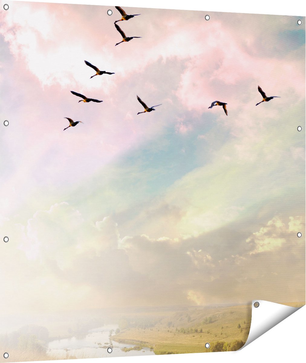 Gards Tuinposter Groep Vogels Vliegen Boven het Gras - 110x110 cm - Tuindoek - Tuindecoratie - Wanddecoratie buiten - Tuinschilderij Multikleur