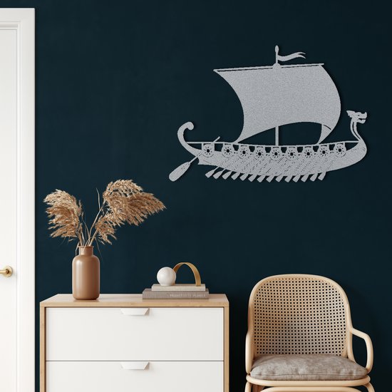 Wanddecoratie | Viking Schip / Viking Ship | Metal - Wall Art | Muurdecoratie | Woonkamer | Buiten Decor |Zilver| 100x70cm