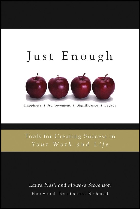 Livre 'Just Enough' avec quatre pommes rouges et le texte 'Happiness Achievement Significance Legacy'.