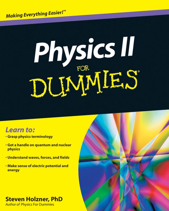 Boek 'Physics II For Dummies' met tekst en kleurrijke abstracte afbeelding.
