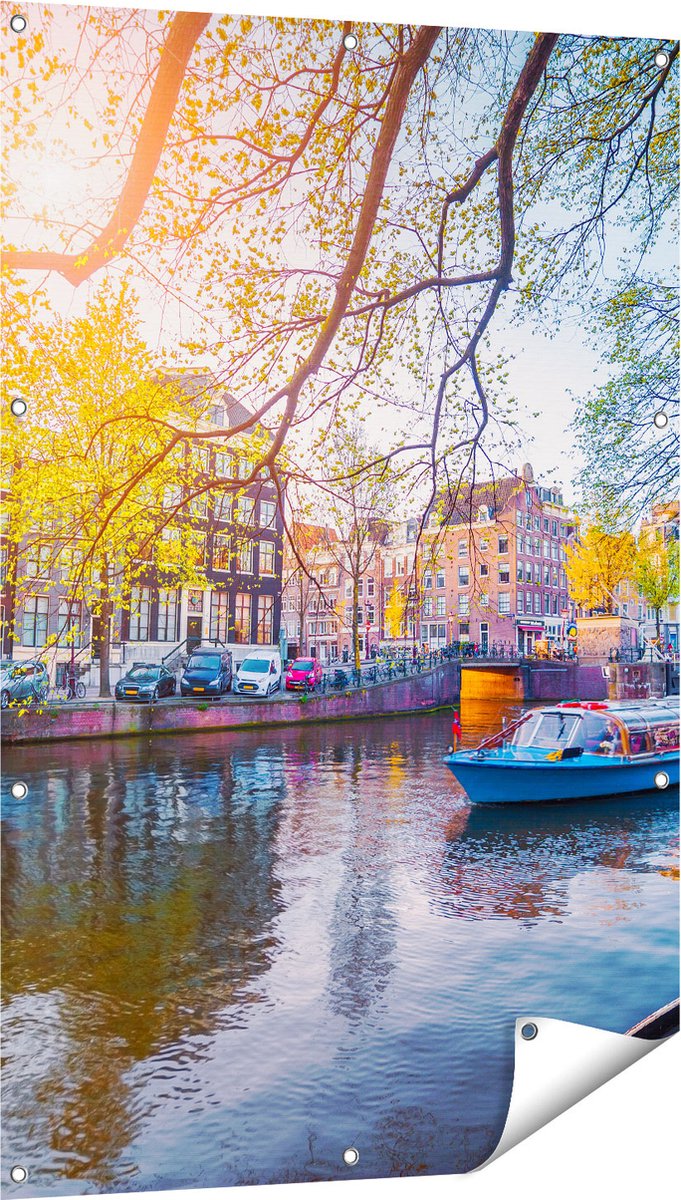 Gards Tuinposter Amsterdamse Gracht tijdens het Voorjaar - 80x120 cm - Tuindoek - Tuindecoratie - Wanddecoratie buiten - Tuinschilderij Multikleur
