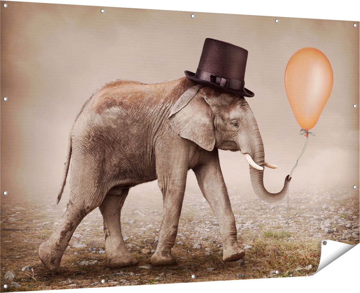Gards Tuinposter Olifant met een Oranje Ballon - Hoedje - 180x120 cm - Tuindoek - Tuindecoratie - Wanddecoratie buiten - Tuinschilderij Multikleur