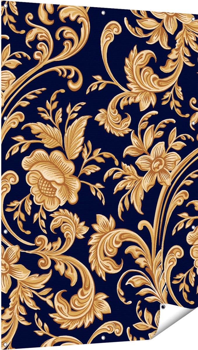 Gards Tuinposter Decoratieve Gouden Bloemen Achtergrond - 100x150 cm - Tuindoek - Tuindecoratie - Wanddecoratie buiten - Tuinschilderij Multikleur