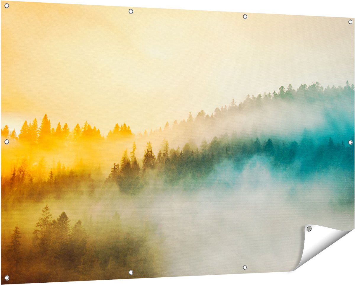 Gards Tuinposter Kleurrijke Zonsopgang in het Bos met Mist - 150x100 cm - Tuindoek - Tuindecoratie - Wanddecoratie buiten - Tuinschilderij Multikleur