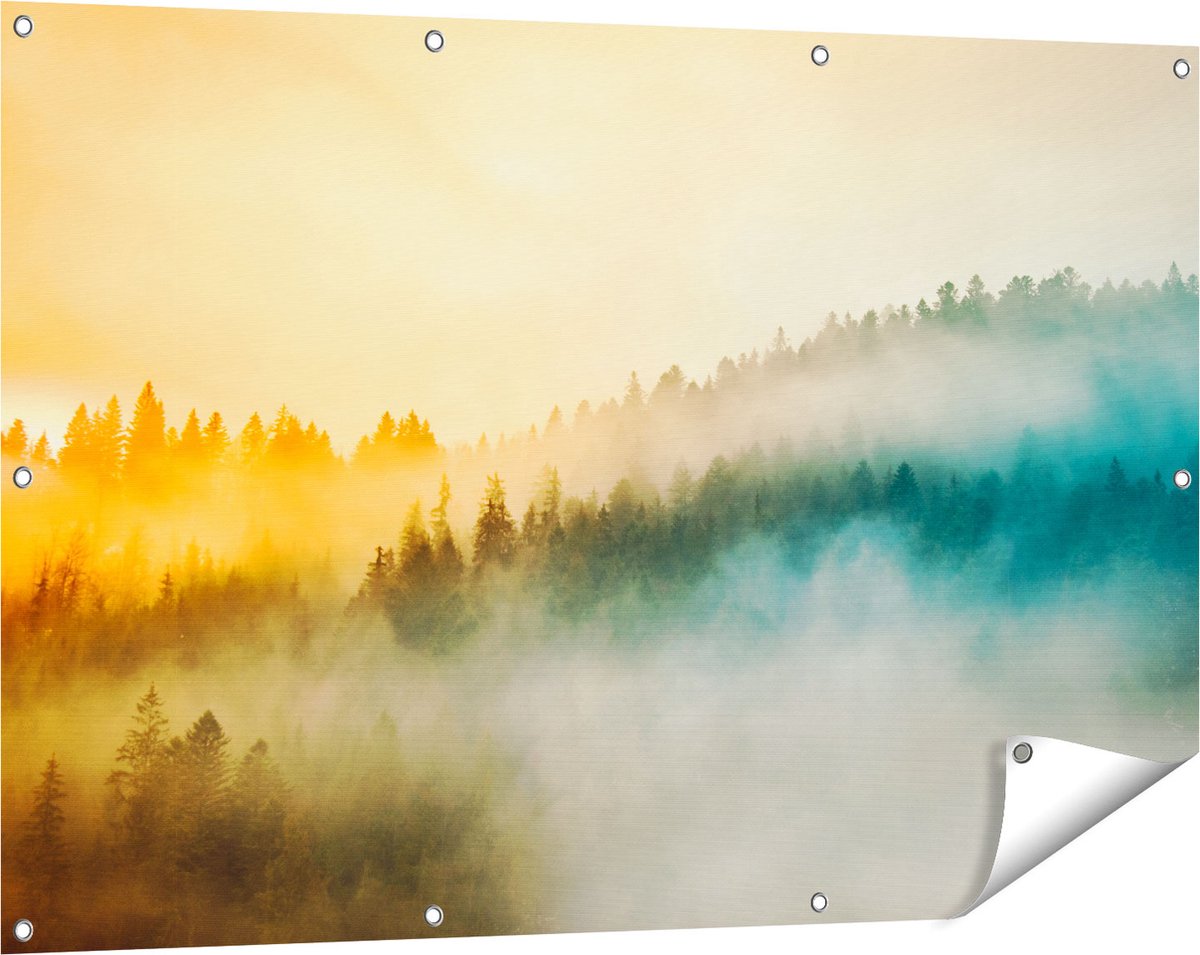 Gards Tuinposter Kleurrijke Zonsopgang in het Bos met Mist - 120x80 cm - Tuindoek - Tuindecoratie - Wanddecoratie buiten - Tuinschilderij Multikleur