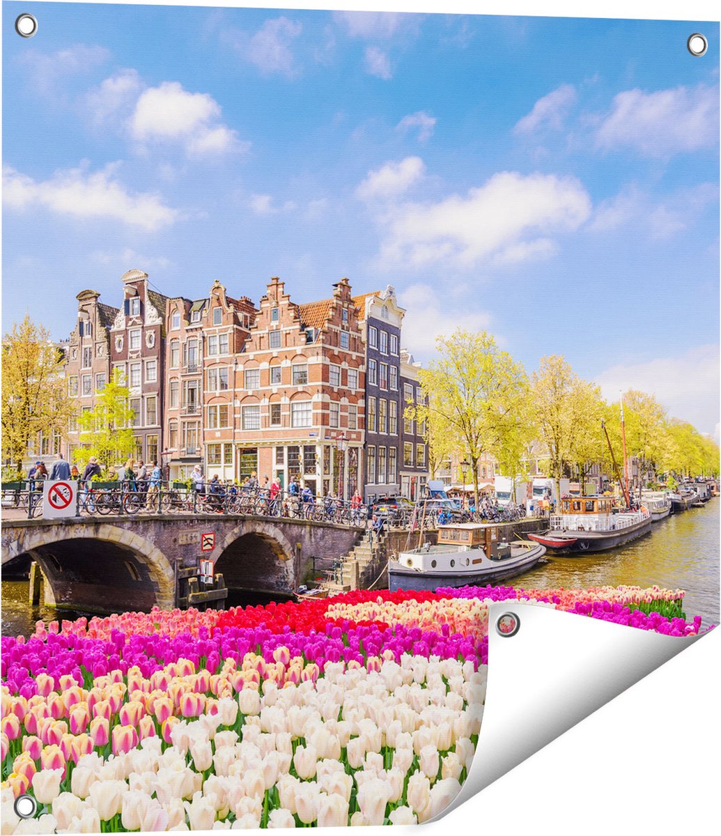 Gards Tuinposter Amsterdamse Huisjes aan de Grachten - 60x60 cm - Tuindoek - Tuindecoratie - Wanddecoratie buiten - Tuinschilderij Multikleur